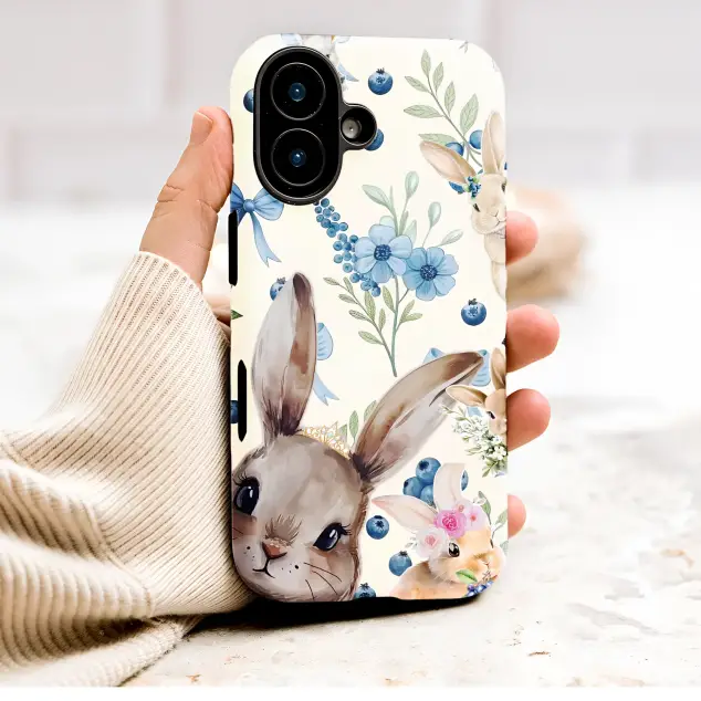 Watercolor Bunny and Blueberry Botanical Art Phone Case Cover for iPhone 17 Pro Max 16 15 Plus 14 13 Mini Samsung S25 S24 Pixel 10 9 9291