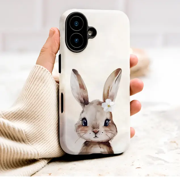 Watercolor Bunny with Flower Art Whimsical Woodland Design Phone Case Cover for iPhone 17 Pro Max 16 15 13 Samsung S26 S25 Pixel 9634