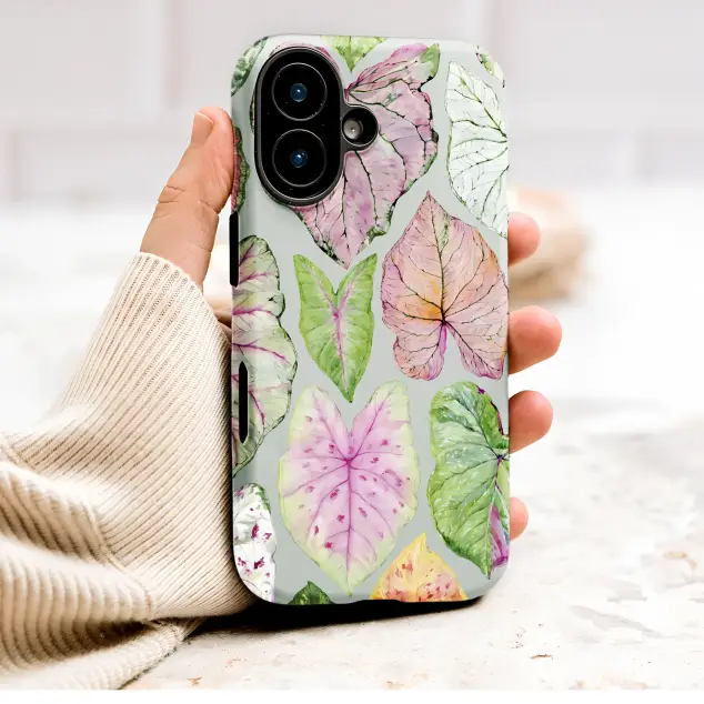 Watercolor Caladium Leaf Art Botanical Pink Green Design Phone Case Cover for iPhone 17 Pro Max 16 15 13 Samsung S26 S25 Pixel 9905