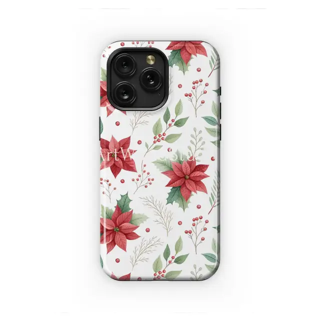 Watercolor Christmas Poinsettia Floral Art Phone Case iPhone Samsung Cover Pixel 8019