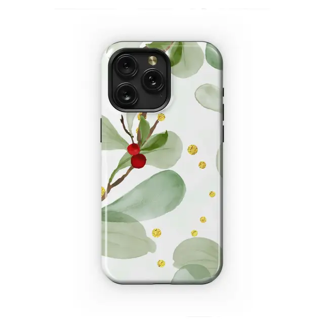 Watercolor Mistletoe Christmas Greenery with Gold Dots Phone Case Cover for iPhone 17 Pro Max 16 15 13 Samsung S25 S24 Pixel 8412