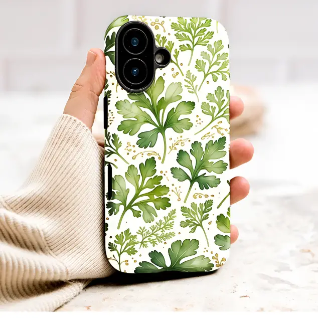 Watercolor Parsley Leaf Pattern with Gold Accent Phone Case Cover for iPhone 17 Pro Max 16 15 13 Samsung S26 S25 Pixel 9786
