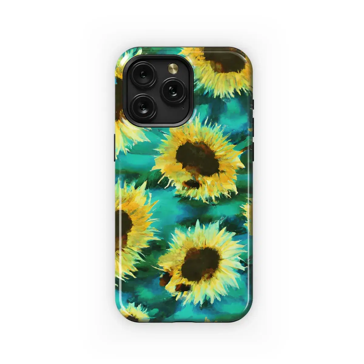 Watercolor Sunflower Bumblebees Teal Phone Case iPhone Samsung Cover Pixel 3777 - Image 1