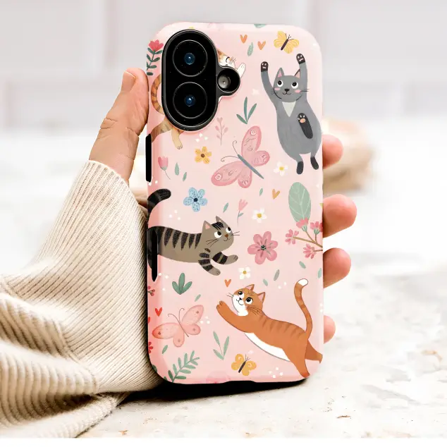 Whimsical Cat Floral Garden Butterfly Illustration Phone Case Cover for iPhone 17 Pro Max 16 15 13 Samsung S25 S24 Pixel 9288