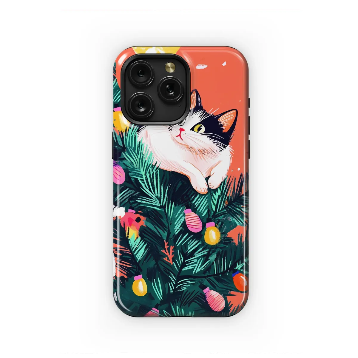 Whimsical Christmas Cat on Tree Illustrated Holiday Design Phone Case Cover for iPhone 17 Pro Max 16 15 13 Samsung S25 S24 Pixel 8832 - Image 1