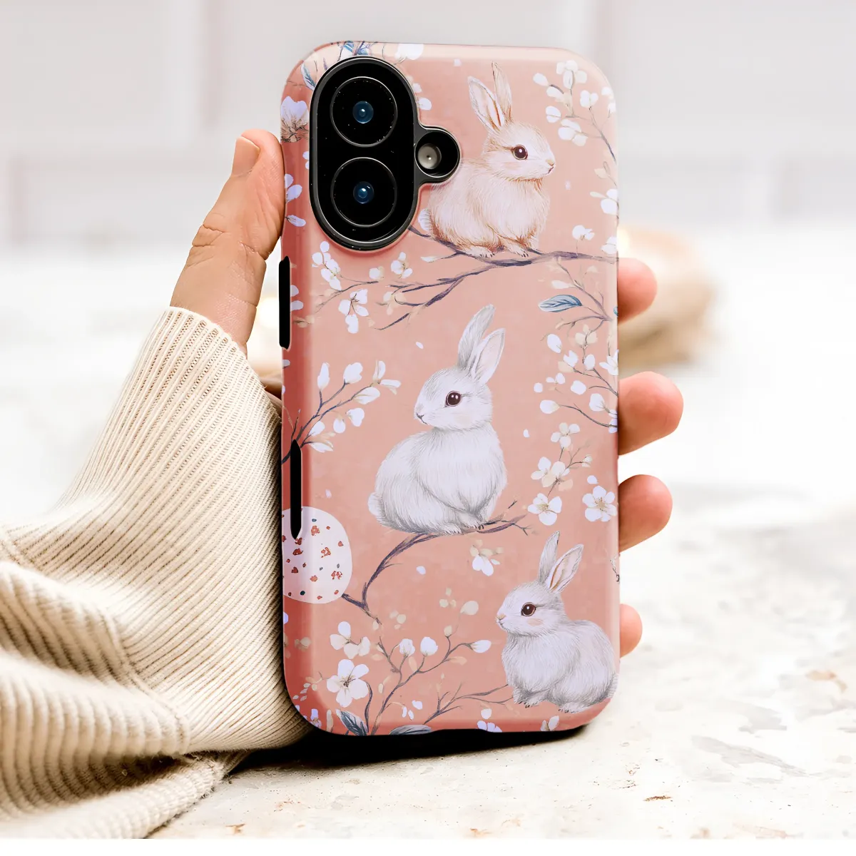 Whimsical Easter Bunny Blossom Vintage Illustration Phone Case Cover for iPhone 17 Pro Max 16 15 13 Samsung S26 S25 Pixel 9435 - Image 1