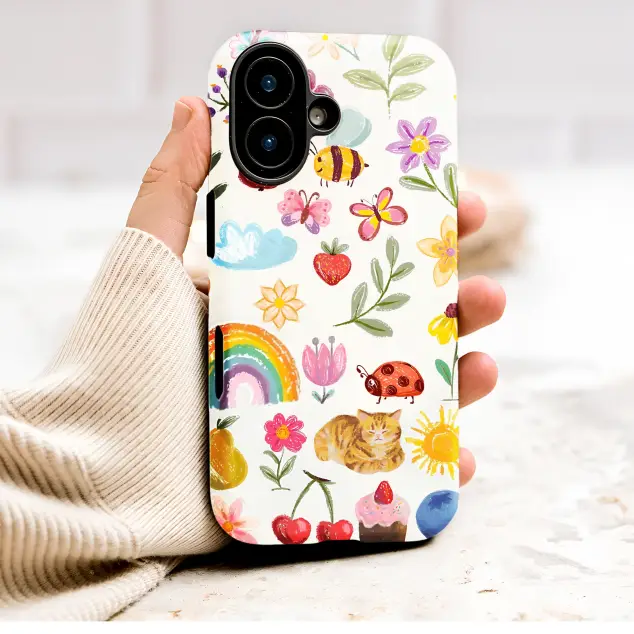 Whimsical Garden Doodle Art with Cat Bee and Rainbow Phone Case Cover for iPhone 17 Pro Max 16 15 13 Samsung S26 S25 Pixel 9903