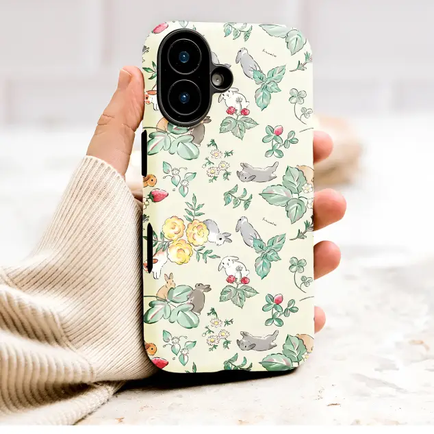 Whimsical Rabbit Garden Strawberry Floral Illustration Phone Case Cover for iPhone 17 Pro Max 16 15 13 Samsung S26 S25 Pixel 10079