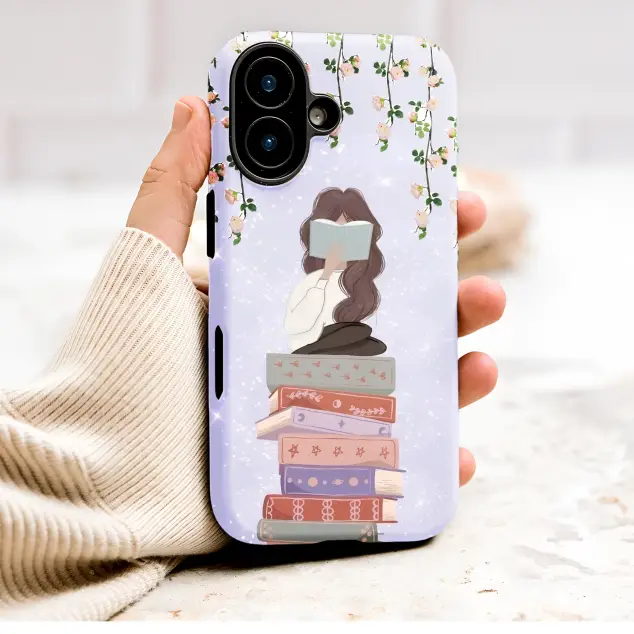 Whimsical Reading Girl Floral Book Stack Illustration Phone Case Cover for iPhone 17 Pro Max 16 15 13 Samsung S26 S25 Pixel 10088