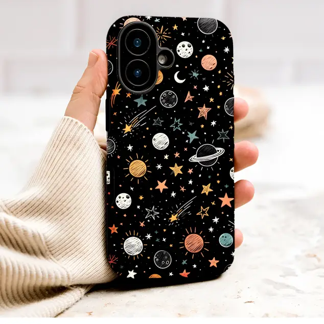 Whimsical Space Doodle Celestial Pattern with Planets and Stars Phone Case Cover for iPhone 17 Pro Max 16 15 13 Samsung S26 S25 Pixel 9983