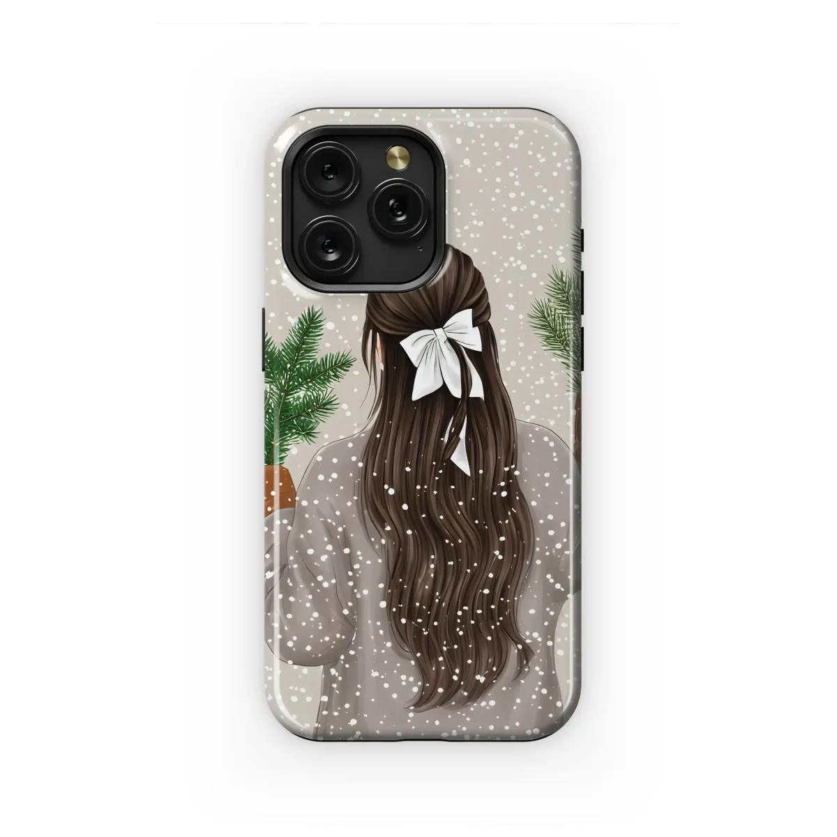 Winter Girl with White Bow Snowy Illustration Phone Case Cover for iPhone 17 Pro Max 16 15 Plus 14 13 Mini Samsung S25 S24 Pixel 10 9 8550 - Image 1