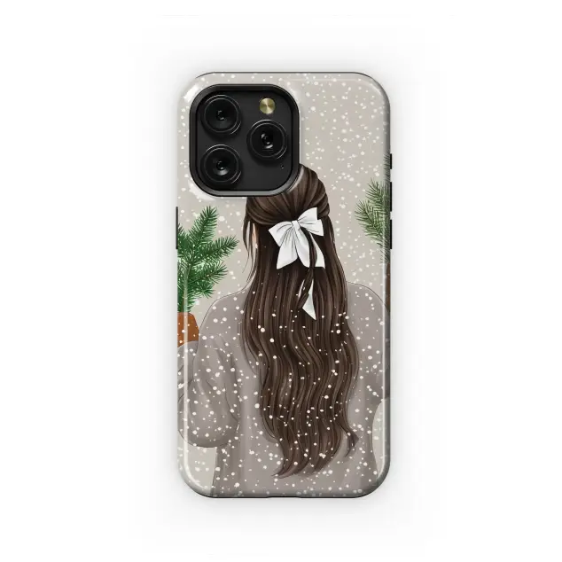 Winter Girl with White Bow Snowy Illustration Phone Case Cover for iPhone 17 Pro Max 16 15 Plus 14 13 Mini Samsung S25 S24 Pixel 10 9 8550
